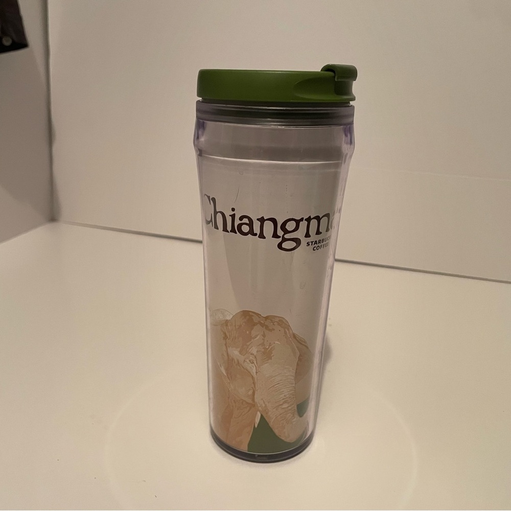 Starbucks Chiangmai Clear Tumbler with Green Lid and Beige Elephant 2004
